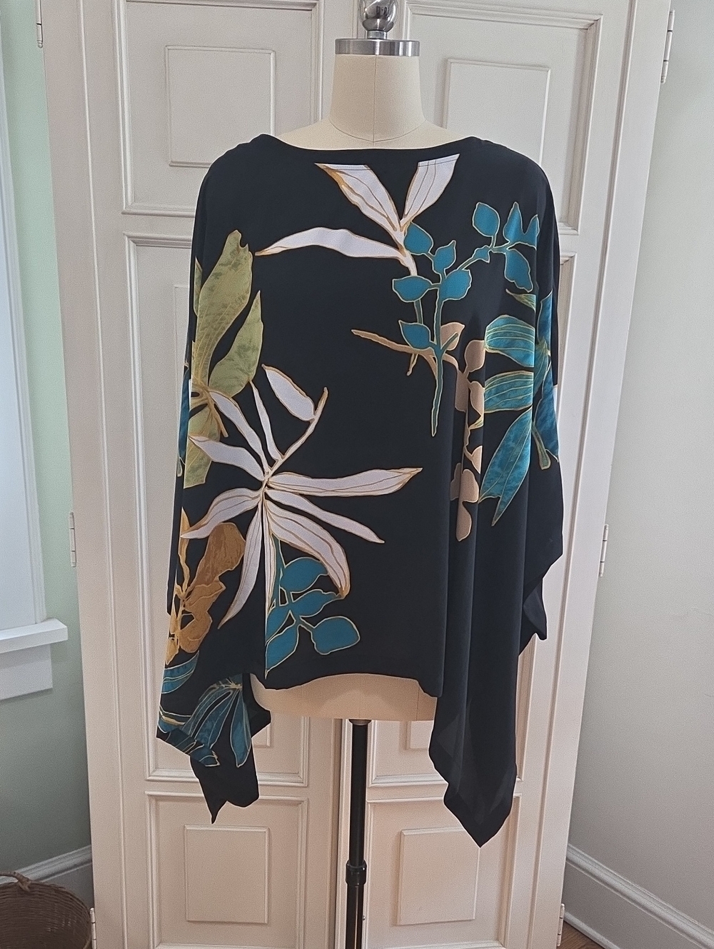 Chico's Black Floral-Print Poncho with Teal and Olive Accents